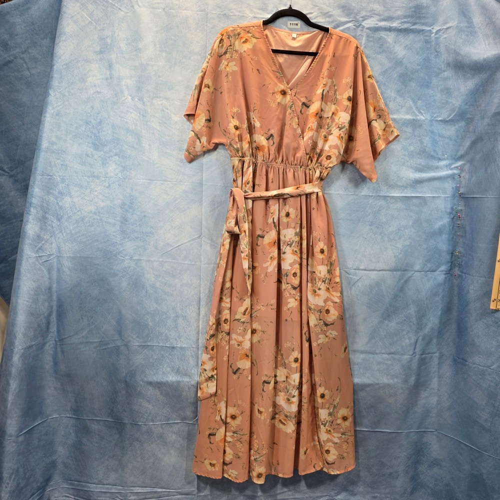 Floral Wrap V-Neck Maxi Dress‎ Peach Pink Kimono Sleeve Elastic Waist Size L
